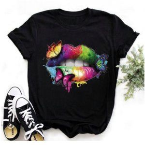 Lips Butterfly Rainbow Woman's Casual Top Black Rainbow / Donation